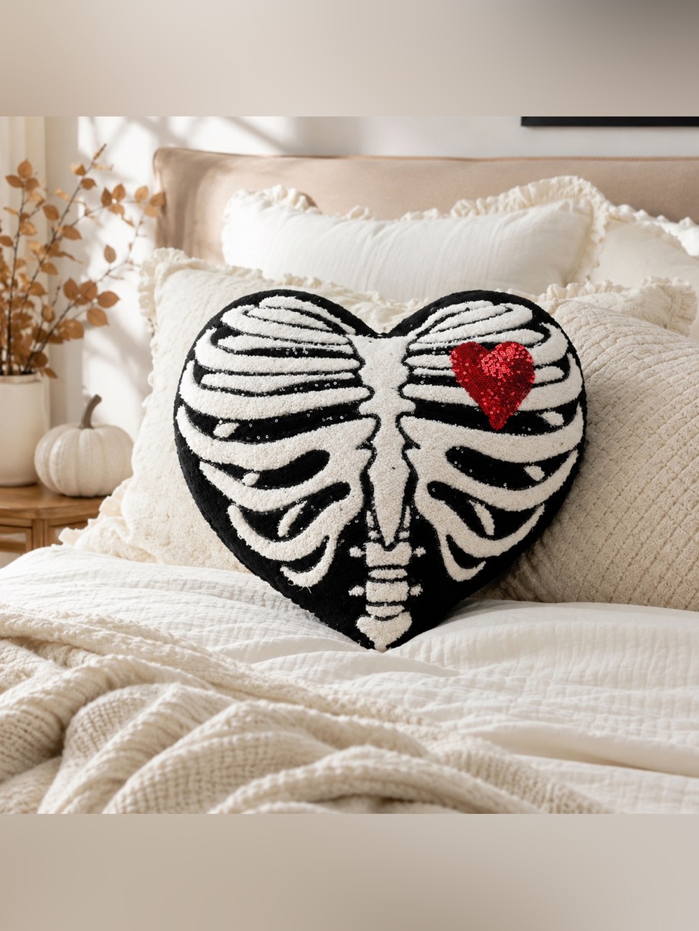 NWT Skeleton Ribcage Heart-Shaped Halloween Pillow Red Sequin Heart Gothic Decor